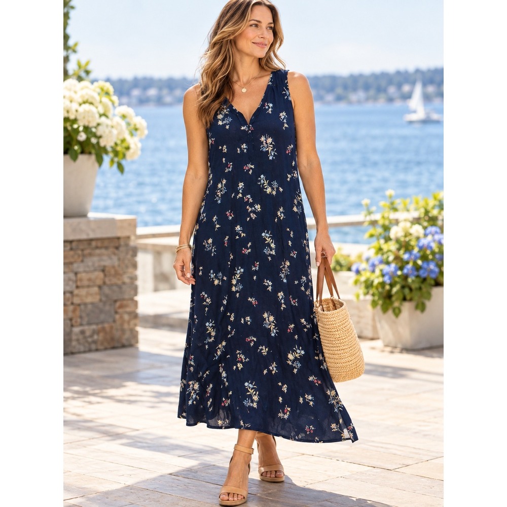 J. Jill Navy Blue Floral Sleeveless Split V-Neck Knit Maxi Dress Medium Rayon